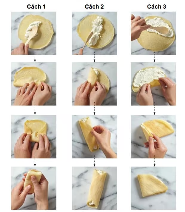 Cách đơn giản nhất là bạn cho từng vỏ bánh phẳng trên một chiếc dĩa, tiếp theo đó cho nhân kem giàn đều lên, bạn có thể bỏ thêm topping nhân mặn hoặc trái cây lên trên, tùy theo sở thích của bạn, bạn cuốn lại gần giống như bánh tráng cuốn vậy. Hoặc bạn có thể kham khảo thêm cách làm bánh crepe mà mình chỉ theo hình nha
