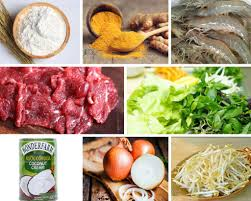 Bột gạo: 200g

Nước: 250ml

Bột nghệ: 1/2 muỗng cà phê

Nước cốt dừa: 50ml

Thịt bò: 200g

Tôm: 250g

Mực: 100g

Hành tây: 1 củ

Giá : 100g