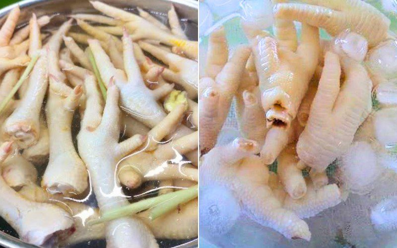 Luộc chân gà
Cho nồi nước bỏ chân gà ngập nước, cho khoảng 1 muỗng cà phê muối, rượu trắng, hành tím, gừng, một ít sả đập dập. Luộc trong khoảng 10-15 phút.
Khi luộc xong bạn vớt chân gà ra khỏi, ngay lập tức bỏ vào chậu nước ngâm đá. Để cho chân gà giữ được độ giòn và tránh để chân già bị thâm.Khi luộc xong bạn vớt chân gà ra khỏi, ngay lập tức bỏ vào chậu nước ngâm đá. Để cho chân gà giữ được độ giòn và tránh để chân già bị thâm.