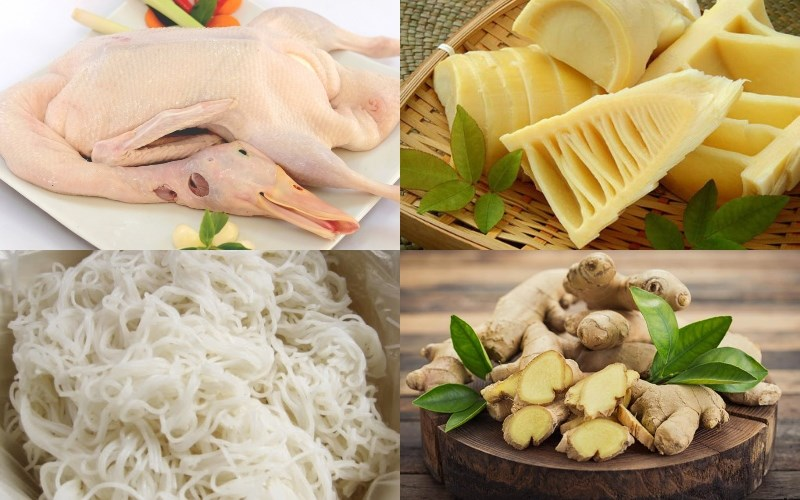 1. Nguyên liệu chính
Vịt: 1 con (khoảng 1 – 1,2kg)
Măng tươi: 500g
Tiết vịt: 500g
Bún tươi: 1kg
Nấm hương khô: 150g
Hành lá, rau mùi: vừa đủ