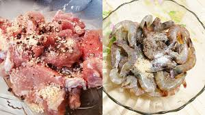 2 muỗng nước mắm
1 muỗng đường
1/2 muỗng tiêu
1 muỗng bột nghệ
Hành tỏi băm Ướp trong 15–20 phút cho thấm gia vị.
