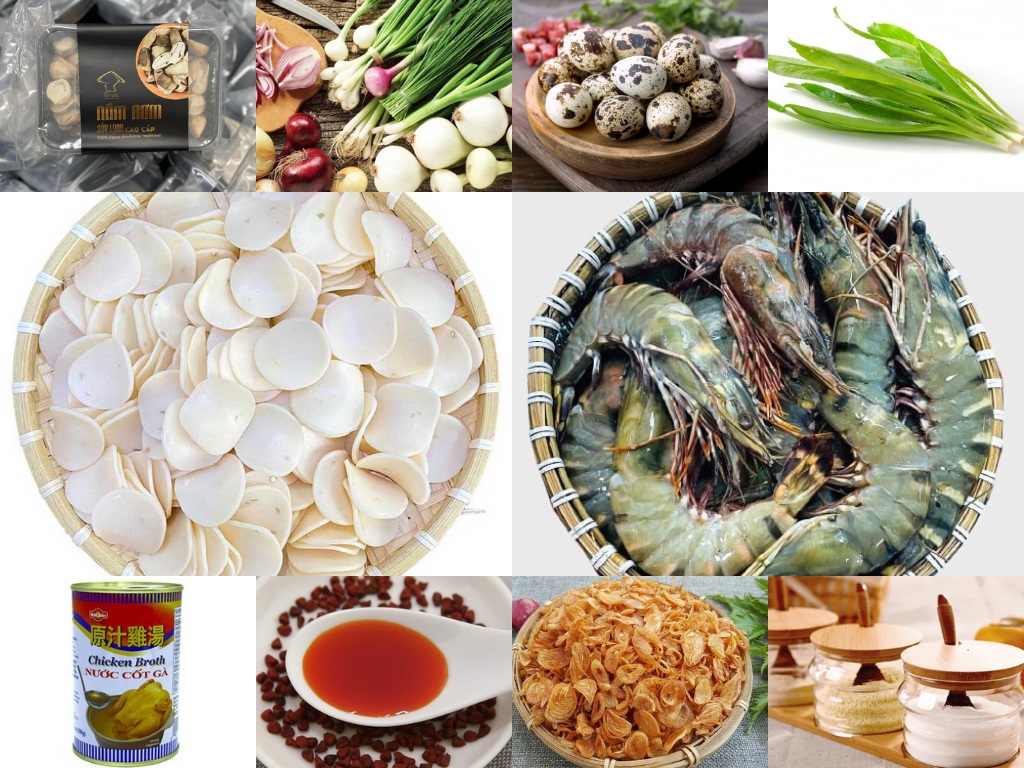 Nguyên Liệu Nấu Bánh Canh Phồng Tôm
Để có một nấu bánh canh phồng tôm ngon thì việc chuẩn bị nguyên liệu tươi sống rất quan trọng. Nguyên liệu dưới đây mình chuẩn bị cho khoảng 4 người ăn, mọi người có thể cân nhắc số thành viên trong gia đình để nấu sao cho phù hợp nhé!
Bánh phồng tôm: 200–500g (tùy số lượng người ăn và loại bánh phồng tôm bạn chọn)
Tôm tươi: 200–300g, bóc vỏ, bỏ chỉ đen
Giò heo: 500g (hoặc có thể thay bằng chả cua, thịt nạc, mực tươi)
Nấm rơm: 100g
Cà rốt: 1 củ, cắt khúc hoặc tỉa hoa
Củ cải trắng: 1 củ, cắt khúc
Hành tím: 2–3 củ, băm nhỏ
Tỏi: 1–2 tép, băm nhỏ
Hành lá, rau mùi: 50g, thái nhỏ
Trứng cút: 12 quả, luộc chín
Hành phi: 2 muỗng
Gia vị: muối, đường, hạt nêm, nước mắm, tiêu, dầu điều, sa tế (tùy thích)
Bột năng: 50g pha với 100ml nước lọc để tạo độ sánh