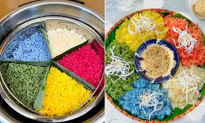 Chuẩn bị xửng hấp: Lót giấy nến hoặc lá chuối vào đáy xửng để tránh xôi bị dính.
Xếp gạo vào xửng: Cho từng phần gạo đã trộn màu vào xửng, xếp xen kẽ nhau để tạo thành hình ngũ sắc. Mỗi lớp gạo nên dày khoảng 2-3cm.
Hấp xôi: Đun sôi nước trong nồi hấp, sau đó cho xửng gạo vào hấp trong 30-40 phút. Mỗi 10 phút mở nắp, dùng khăn lau sạch hơi nước rồi đậy nắp lại để xôi không bị ướt.