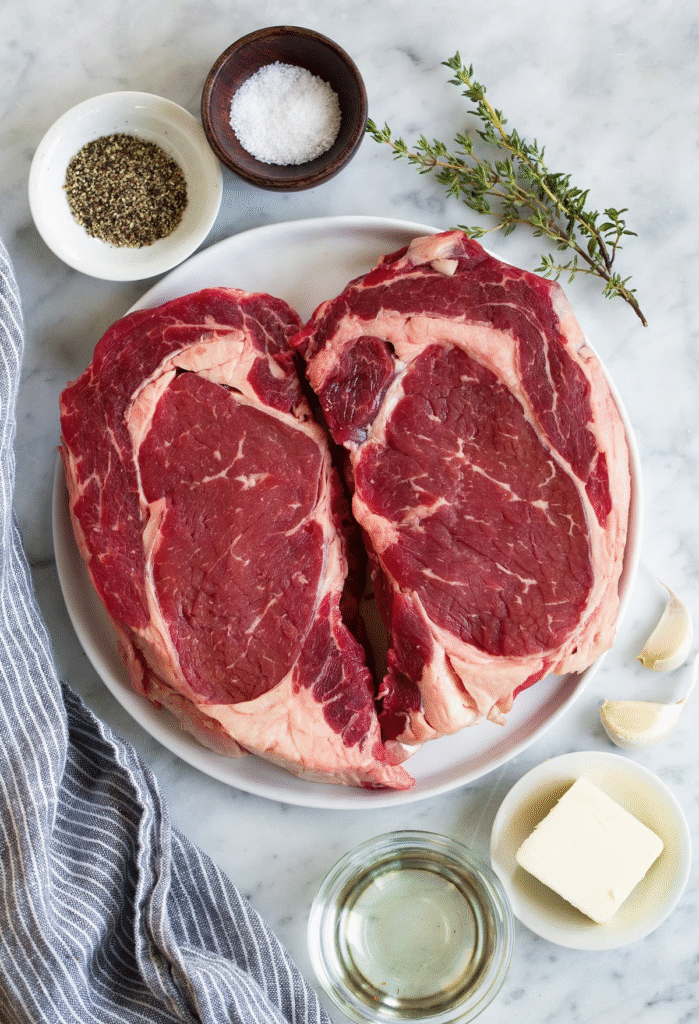Nguyên Liệu Cần Làm Beefsteak Áp Chảo Bơ Tỏi
Để chế biến món beefsteak áp chảo bơ tỏi cho 4 người, bạn cần chuẩn bị:
2 miếng beefsteak thăn lưng (mỗi miếng 450g, dày 3cm)
1/2 muỗng canh dầu thực vật hoặc dầu ô liu extra light
1 1/2 muỗng cà phê muối thô
1 muỗng cà phê hạt tiêu đen mới xay
2 muỗng canh bơ nhạt
2 tép tỏi bóc vỏ và cắt đôi
1 muỗng cà phê hương thảo khô hoặc 1 nhánh hương thảo tươi.