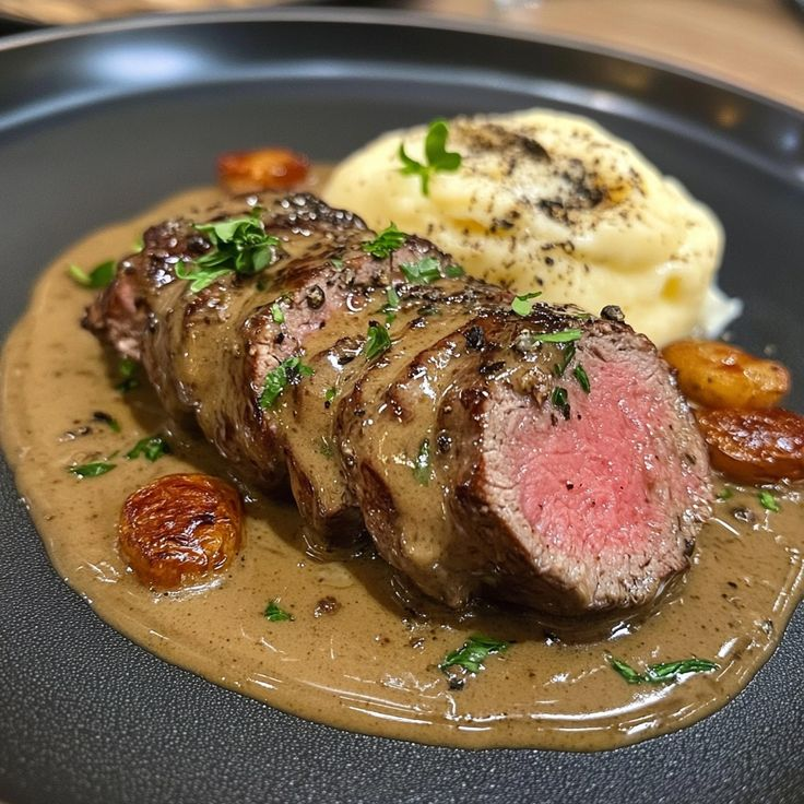 Chuyển beefsteak ra thớt, đậy nắp lại (không quá kín) và để thịt nghỉ khoảng 10 phút. Sau đó thái trước khi thái thành các miếng dày khoảng 1cm. Rưới thêm nước sốt bơ lên trên miếng steak đã cắt lát để thưởng thức.