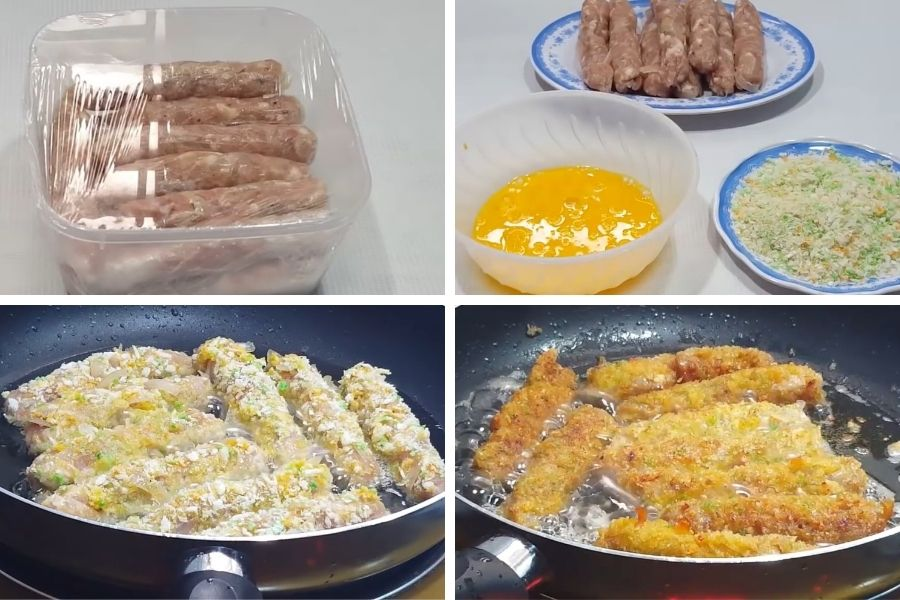 Bước 4: Chiên Nem
Đánh tan trứng gà.
Lăn nem qua trứng, sau đó lăn qua bột chiên xù.
Đun nóng dầu ăn trong chảo, cho nem vào chiên với lửa vừa.
Chiên đến khi nem vàng đều, vớt ra để ráo dầu.