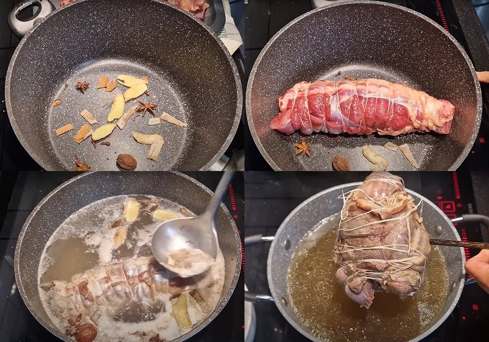🔥 Bước 2: Luộc thịt
Luộc chân giò (có thể cuộn và buộc lại) cùng gừng, muối, hành khô, hạt nêm, rượu/rượu nếp …
Cách luộc: chần sơ thịt, sau đó luộc lửa nhỏ, vừa chín tới để giữ miếng thịt trắng, mọng, không bị khô, khoảng 25–30 phút cho chân giò, nội tạng chín tùy loại.
Vớt thịt, nội tạng ra thau nước đá để thịt săn lại và giữ độ giòn.
