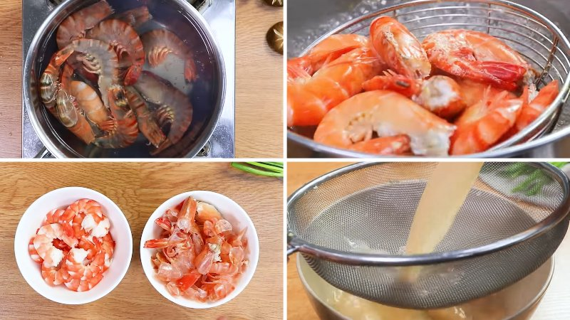 Tôm
Luộc sơ tôm (2 phút), giữ nguyên đầu và vỏ.
Lột vỏ, tách thịt và làm sạch chỉ tôm.
Đầu và vỏ cho vào máy xay cùng nước luộc, xay nhuyễn rồi lọc lấy nước cốt tôm – là bí quyết tạo vị ngọt đậm đặc cho nước dùng.