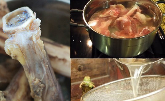 Xương
Chần sơ để loại bỏ tạp chất, sau đó ninh lửa nhỏ khoảng 1 giờ (nếu ninh thủ công) hoặc 15 phút nếu dùng nồi áp suất.