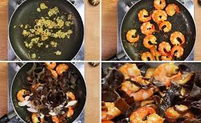Bước 2: Xào tôm & nấm
Phi hành khô, cho thịt tôm vào đảo săn, thêm nấm và mộc nhĩ, nêm gia vị (tiêu, hạt nêm, đường, muối) và đảo đều khoảng 2–3 phút cho thấm đều.