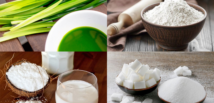3. Nguyên liệu chuẩn làm bánh bò hấp lá dứa
Cho khoảng 6 – 7 bánh nhỏ hoặc một chiếc bánh bò hấp lá dứa tròn 16 cm:
150 g bột gạo
60 g bột năng
¼ thìa cà phê muối
1⅛ thìa cà phê men nở
165 g nước cốt lá dứa (xay từ ~80 g lá + 250 g nước lọc)
205 g nước cốt dừa
140 g đường
1 thìa cà phê dầu dừa (hoặc dầu ăn)
¼ thìa cà phê tinh chất lá dứa (tùy chọn, để tăng màu sắc)
Lưu ý nguyên liệu:
Xay lá dứa thật nhuyễn, lọc kỹ để bánh không bị đắng.
Dầu dừa giúp bánh thơm hơn; nếu không, bạn có thể dùng dầu ăn thông thường.