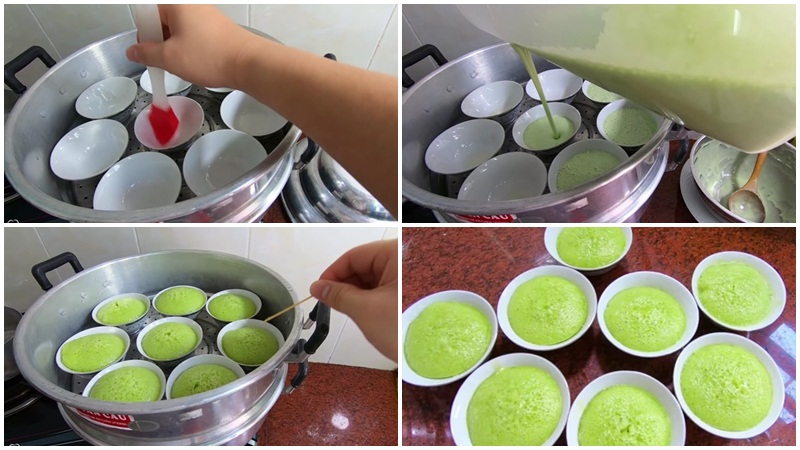 Bước 5: Hấp bánh
Quét dầu chống dính vào khuôn.
Đun sôi nước trong nồi hấp, khi sôi hạ lửa vừa cao. Đặt khuôn vào xửng, hấp 5–7 phút để khuôn nóng rồi mới đổ bột vào (giúp tạo rễ tre).
Không nên đổ bột quá cao để tránh phần trên dễ bị bết.
Thời gian hấp: ~12 phút với khuôn nhỏ, ~22–25 phút với khuôn 16 cm. Dùng tăm kiểm tra: châm vào thấy khô là bánh chín.
Đợi bánh nguội hẳn rồi mới gỡ khỏi khuôn.