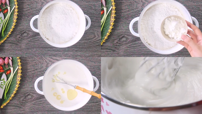 1. Chuẩn bị và trộn bột
Cho bột gạo, bột năng vào tô, thêm dầu ăn, đường, muối rồi đổ từ từ nước (lượng nước tùy tỷ lệ 1:2, khoảng 600 ml) và khuấy đều. Rây qua rây để bột mịn hơn.
Đun hỗn hợp bột ở nhiệt độ nhỏ lửa, bạn phải khuấy bột liên tục để không vón cục thì tắt bếp. Sau khi tắt bếp vẫn phải tiếp tục khuấy đến khi bột sệt hoàn toàn.