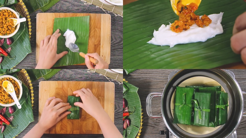 3. Gói bánh
Trên miếng lá chuối đã chuẩn bị, phết một lớp dầu hoặc bột mỏng. Đổ một lớp bột, đặt nhân lên trên, phủ thêm một lớp bột.
Gấp các mép lá sao cho bánh kín, vuốt nhẹ để bột trải đều và bánh đẹp mắt.