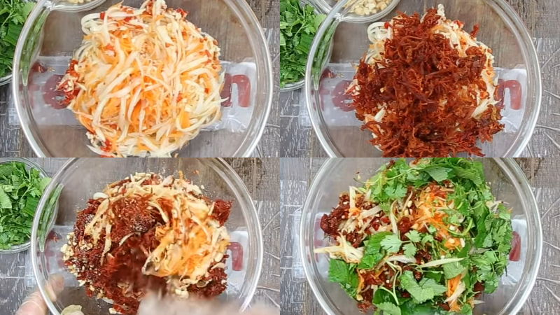 Cách trộn gỏi, cách thưởng thức

Cho đu đủ và cà rốt đã ráo vào tô lớn.

Thêm rau thơm thái nhỏ.

Đổ khô bò lên trên – nếu khô bò chưa được khô hoàn toàn, bạn có thể cho trước một ít nước trộn lên khô bò để thấm nhẹ.

Cuối cùng, rưới nước trộn lên gỏi, trộn đều từ dưới lên trên để các thành phần hoà quyện.

Rắc đậu phộng rang lên trên cho thơm và giòn.

Thưởng thức ngay lập tức để cảm nhận sự giòn của đu đủ, dai của khô bò, mùi thơm của rau và đậu phộng. Nếu để lâu, đu đủ mất độ giòn, món ăn sẽ kém hấp dẫn.