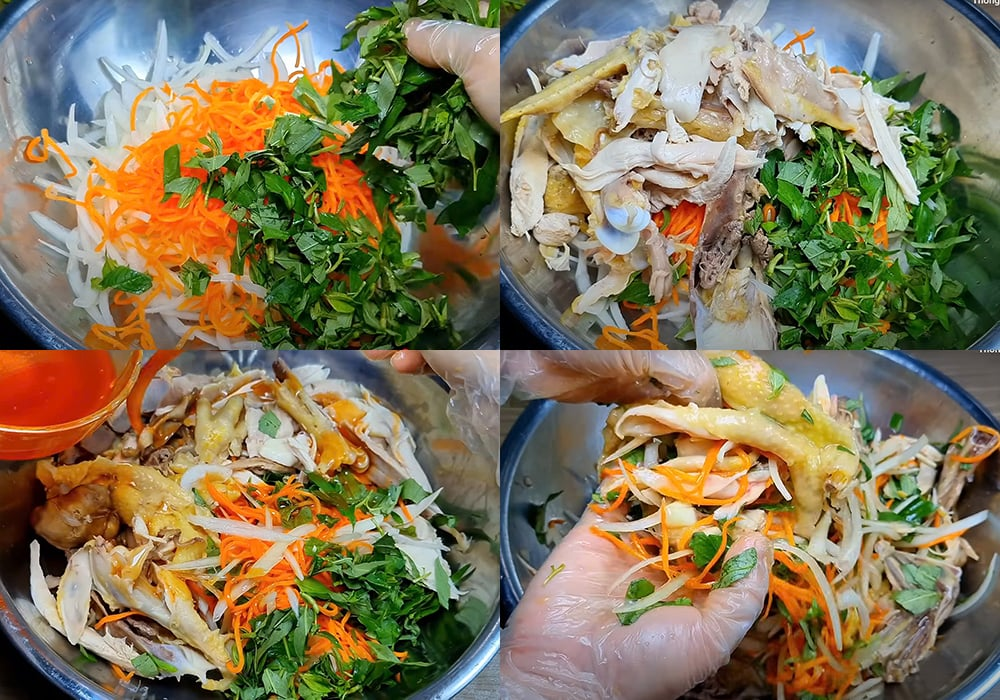 Trộn gỏi gà

Trong một tô lớn, cho lần lượt: gà xé, hành tây, cà rốt (nếu có), rau răm.

Rưới nước trộn lên từ từ, vừa rưới vừa dùng đũa nhẹ nhàng trộn để gia vị thấm đều, tránh làm nát hành tây hay gà.

Nêm lại nếu cần (thêm chút nước mắm, đường hoặc chanh).

Để gỏi nghỉ khoảng 5–7 phút để vị ngấm.