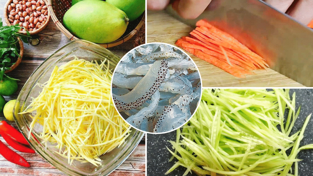 Nguyên liệu chuẩn bị cho món gỏi sứa

Lượng nguyên liệu dưới đây tương ứng cho 3–4 người, bạn có thể nhân lên tùy nhu cầu.

Nguyên liệu chính

Nguyên liệuKhối lượng đề xuấtSứa (đã sơ chế hoặc sứa đóng gói)250 – 300 gXoài xanh / hoặc đu đủ xanh / hoa chuối / dưa leotùy chọn 1 loại hoặc phối hợp( 200g)Cà rốt1 củHành tây / hành tím½ – 1 củRau thơm (rau răm, húng, ngò gai, kinh giới…)1 ítĐậu phộng rang50 gTỏi2–3 tépỚt tươi1–2 tráiChanh / giấm1–2 quả (lấy nước cốt)Đường2 muỗng canh (có thể điều chỉnh)Nước mắm2–3 muỗng canhMuối / bột canh½ muỗng cà phê (tùy khẩu vị)