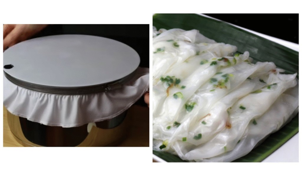 Bước 2: Tráng bánh ướt

Chuẩn bị nồi hấp: bạn cần một xửng hấp hoặc nồi có lồng hấp; miệng xửng nên lót một lớp mỏng dầu ăn hoặc giấy nến cắt vừa khuôn để khi tráng bánh không bị dính.

Khi nước trong nồi hấp sôi mạnh, thì hạ lửa vừa để giữ hơi đủ mạnh nhưng không quá gấp để bánh không bị rỗ quá.

Múc khoảng ½ chén (khoảng 100 ml) bột vào khuôn tráng (khuôn tròn, nông) — tùy kích cỡ, bạn tráng nhiều hay ít một lần. Xoay nhẹ khuôn để bột trải mỏng đều mặt.

Đậy nắp hấp khoảng 1-2 phút hoặc tới khi bánh trong-mờ (không còn đục) thì lấy ra. Lật bánh ra đĩa hoặc khay và để nguội nhẹ. Rắc một ít hành phi hoặc dầu hành nếu muốn bánh vừa thơm vừa bắt mắt.

Lặp lại cho tới khi hết phần bột.